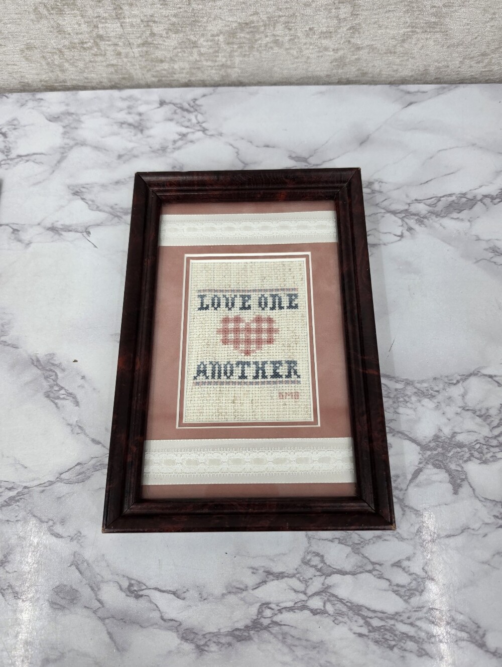 Vintage Framed Cross Stitch Love One Another Cottagecore